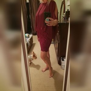 Ronni Nicole Evenings sequin burgundy dress with overlay